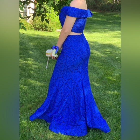 Off-Shoulder Royal Blue Lace Two-Piece Gown - Picture 2 of 2